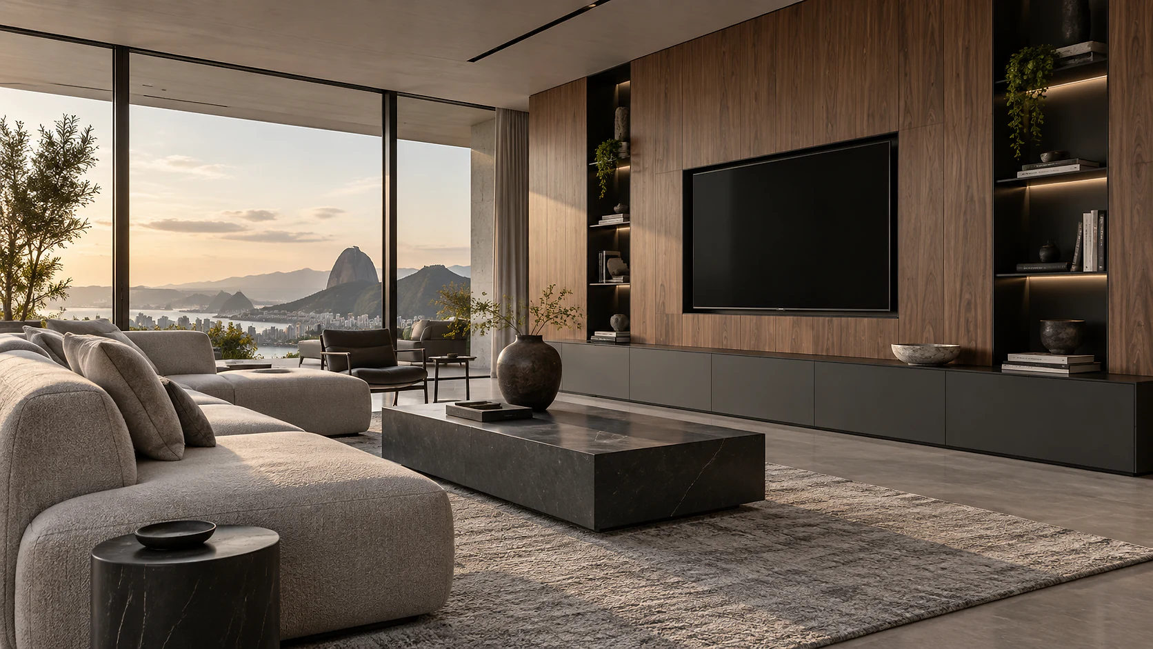 Living conceitual LUCCHESI com painel em nogueira